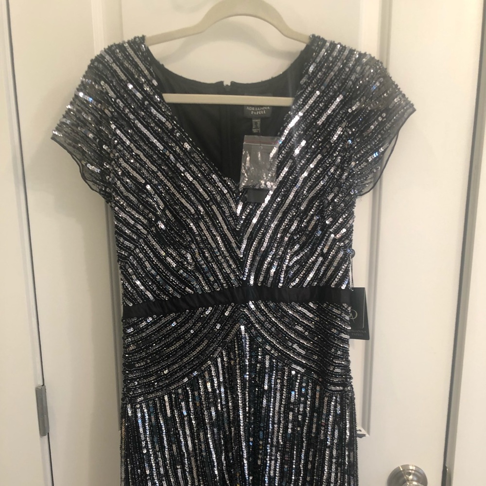 Adrianna Pappel short beaded dress. Back & Silver